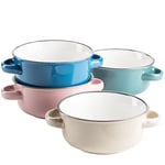 MÄSER Maila Lot de tasses à soupe colorées pour 4 personnes en céramique aspect émail avec anse au design vintage, grès, pétrole/vieux rose/beige/bleu foncé