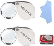 2 Pièces Polyvalent Argent Loupe Pliable, 10x/30x Fort Grossissement Loupe de Poche en Métal, Loupe Botaniste avec Étui Chiffon de Nettoyage, Compact Portable Loupe à Bijoux pour Lecture Étu.[S1546]