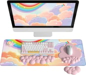 Cloud Keyboard Mouse Pad Wrist Support Set (5Pcs Desk Pad Set),Large Mouse Pad & Keyboard Wrist Rest & Mouse Mat Palm Rest & Coaster,Ergonomic Design,Pain Relief,Non-Slip Base,For Home/Office/Pc