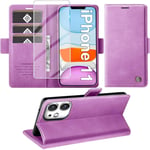 Étui De Protection Pour Iphone 11 Avec Film De Protection, Fonction Support Et Compartiment Pour Cartes - En Cuir De Qualité Supérieure - Pour Iphone 11 5g 6,1"" - Résistant Aux Chocs - Violet