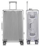 Aoliwei Valise de voyage rigide en aluminium - Valise à roulettes - Bagage à main - Poignée télescopique TSA - 4 roulettes, argenté, M+, Chariot à coque rigide en aluminium avec roulettes pivotantes