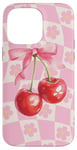 iPhone 14 Pro Max Coquette Cherry Bow On Light Pink Wavy Floral Checkered Case