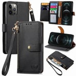 SATURCASE Coque pour Apple iPhone 12 Pro Max, Heart PU Cuir Flip Portefeuille Poche Double Boucle Magnétique Fermeture éclair Support Porte-carte Cordon Protecteur Housse Étui pour Apple iPhone 12 Pro Max (AX-Noir)