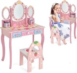 2 en 1 Ensemble de Coiffeuse et Tabouret pour Enfant Table avec Tabouret 3 Miroirs Amovibles 3 Tiroirs et 2 Boîtes de Rangement