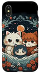 Coque pour iPhone X/XS mignon anime chat portrait de famille avec couronne, lune, fleurs