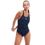 Speedo Women's Hyperboom Allover Medalist Swimsuit |Quick Drying | Fitness | Chlorine Resistant , Black/True Cobalt/Curious Blue, 36