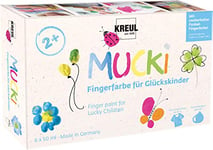 KREUL 23050 - Mucki Peinture au doigt pour enfants chanceux, 6 x 50 ml en jaune, rose, bleu diamant, vert, orange, argent dragon, sans parabène, sans gluten, sans lactose, végétalien, lavable