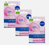 3x Nivea Soft Rose Caring Long Lasting Moisture Lip Balm 4.8g