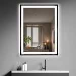 YU YUSING Miroir de Salle de Bain LED 60x80 cm, Miroir Lumineux Cosmétique Mural avec 3 Couleurs de Lumière Réglables, Cadre Métallique, Affichage L'heure, Anti-buée, IP44 Étanchéité, Vertical