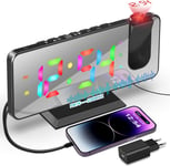 Radio Reveil Projecteur RGB Réveil Projection Plafond 4 Luminosités Réglable Minuterie FM Snooze Ecran Miroir Port USB A Réveil Numérique Chambre Cadeaux Anniversaire pour Enfants(Q99)