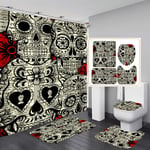 Fashion&Man 16PCS/Set Floral Sugar Skull Shower Curtain Polyester Waterproof Rose Flower Bath Curtain Bathroom Rugs Toilet Lid Cover Skeleton Halloween Decor Gothic Style +12 Hooks, 72"x72", White