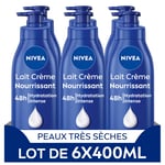 NIVEA Lait crème nourrissant (lot de 6 x 400 ml), Lait hydratant pour le corps à l’huile d’amande douce, Lait corporel 5-en-1 pour une peau douce et confortable