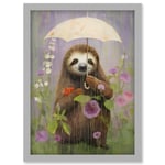 Picking Flowers in the Rain Oil Painting Cute Sloth with an Umbrella in a Wildflower Meadow Kids Bedroom Artwork Framed Wall Art Print A4