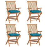 [81831] Lot de 4 Chaises de jardin avec coussins bleu clair | Fauteuil de Jardin Chaise d'extérieur | Teck massif - Robuste de Quali