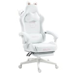 Dowinx Chaise de jeu/d’ordinateur, édition chat mignon blanc, ergonomique, avec dossier haut et soutien lombaire, repose-pieds, en cuir synthétique