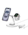 Belkin 3-in-1 Wireless Charging Stand with Magnetic MagSafe Compatible Qi2 15W, Fast Charging iPhone Charger for iPhone 16, 15, 14, and 13 Series, AirPods, Apple Watch, & More (PSU included) - White