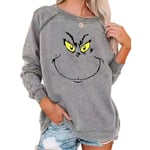 Kvinnor Christmas The Grinch Print T-shirt Casual Loose Sweatshirt Xmas Crew Neck Pullover Tops Gray M