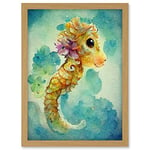 Doppelganger33 LTD Cute Baby Seahorse Kids Bedroom Watercolour Illustration Artwork Framed A3 Wall Art Print