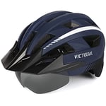 VICTGOAL Casque Velo Homme Casque VTT Montagne avec Visière Magnétique Amovible, Capuchon de Protection Solaire Amovible et éclairage LED Casque Velo Route pour Adulte (L: 57-61cm, Marine)