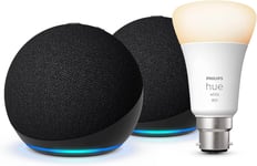 Echo Dot (5Th Generation) | Charcoal, 2-Pack + Philips Hue Smart Bulb (B22), Wor