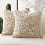 Foindtower Lot de 2 Housses de Coussin décoratives en Fausse Fourrure de Sherpa, taies d'oreiller pelucheuses et molletonnées pour lit, canapé, Salon, 45,7 x 45,7 cm, Kaki Clair