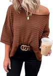 Cuptacc Tee Shirt Femme Manche 3/4 Tricot Sweat Col Rond Oversize Pull Femme Casual Marron, Moyen M 38-40