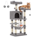 Feandrea Arbre à Chat Hauteur 112 cm, Tour de Jeux pour Chat, avec 11 Poteaux à Griffer, 2 Plateformes, 1 Niche, 1 Hamac, 2 Pompons, en Tissu Peluche, Plusieurs Niveaux, Gris Clair PCT215W01