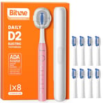 Bitvae D2 Ultrasonic Electric Toothbrush for Adults and Kids, Travel Electric Toothbrush Rechargeable with 8 Toothbrush Heads and 5 Modes, Pink