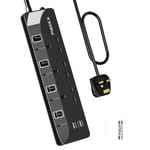 5M Extension Lead With USB, 13A 3250W 3 Way Power Strip with 2 USB Multi Power Plug Extension 5 Meters Long Extension Cord Black Power Strip for Home Office