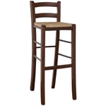 Tabouret de bar haut en bois de noyer foncé h 80 cm avec dossier en paille