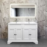 Meuble salle de bain avec vasque/lavabo doliana 120 à poser laqué Blanc mat, avec plan céramique, 4 portes - Miroir 100 Bluetooth