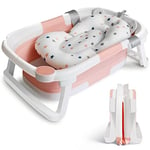 Baby Bath Tub Foldable Bathtub, Newborn Baby Plastic Bathtub with cushion pad Foldable Anti-Slip legs Collapsible tub for Toddler Baby kids Bathing - Childrens Travel Shower Bath Tubs | Pink and White