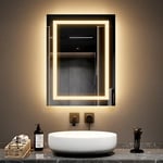 EMKE Miroir Lumineux Salle de Bain 45x60 cm avec Interrupteur à Bouton, Anti-buée, Deux Couleurs Lumière Blanche Froide 6500K/Chaude 3000K Miroir Salle de Bain avec Fonction mémoire