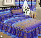 SUPER KING KASHMIR BLUE LUXURY QUILTED FITTED BEDSPREAD BLUE FRILL GOLD INDIGO