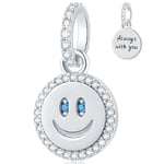 Smiley Face Charms Dangle fit Pandora Women Bracelets, 925 Sterling Silver Happy Smile Emoji Necklace Pendant Bead with CZ Blue Eye, Always with You Gifts for Boys/Girls/Birthday