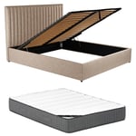 Lit coffre 160 x 200 cm avec tête de lit coutures verticales - Tissu - Taupe + Matelas - sarah