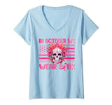 Womens In October We Wear Pink Sugar Skull Halloween Breast Cancer V-Neck T-Shirt