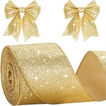 Ruban de Noël à paillettes dorées de 5 cm pour emballage cadeau, 10 m de ruban décoratif métallique pour couronne, artisanat, sapin de Noël et