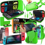 Orzly Switch Accessories Bundle – Includes Orzly Carry Case for Nintendo Switch Console, Tempered Glass Screen Protectors, USB Charging Cable, Switch Games Case, Comfort Grip Case & Headphones [Green]