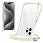 Yoedge Coque pour iPhone 15 Pro Max avec Cordon 6,7", Transparente Coque Collier Réglable Téléphone Étui Portable Lanyard Housse, Etui avec PC + TPU Bumper Anti-Chute Protection Case, Blanc cassé