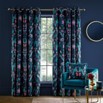 Catherine Lansfield Mya Tropical Floral 90x90 Inch Lined Eyelet Curtains Two Panels Navy Blue