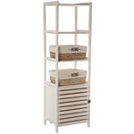 DRW Commode avec 1 Porte et 4 étagères en Bois et 2 paniers d'anée en Blanc et Beige 43,5 x 35 x 143 cm