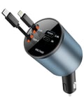 Carehabi Chargeur de Voiture 4-en-1 60W à Chargement Rapide, Câble de Chargement 80CM Rétractable Lightning, Type-C, Adaptateur Allume-Cigare avec USB-A USB-C pour iPhone iPad Samsung Andriod