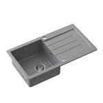 QUADRON évier cuisine granit | Taille 77 x 44 x 18,5 cm, Gris et Acier | JOHNNY 111 évier en granit évier simple bassin | évier encastré avec trou de robinet | evier cuisine 1 bac