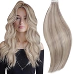 RUNATURE Extension Adhesif Cheveux Naturel Blond Adhesive Extension Cheveux Brun Cendré avec Blond Platine Extension Adhesive Cheveux Naturel Remy Hair 14 Pouces/35cm 20 Pièces/50g #19P60