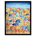 Summer At The Seaside With Colourful Beach Umbrellas On The Sand Watercolour Painting Art Print Framed Poster Wall Decor 12x16 inch