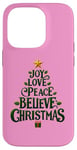 iPhone 14 Pro Cute Green JOY LOVE PEACE BELIEVE CHRISTMAS Tree Girls Pink Case