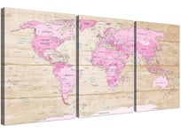 Large Pink Cream Map of World Atlas Canvas Wall Art Print - Multi 3 Part - 3309