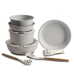 BERGNER Click&Cook - Set 10 pièces Easy Click Beige Cookware - Comprend poêles, casseroles, couvercles et ustensiles - Fonte d'aluminium - Revêtement marbré antiadhésif - Poignée Amovible