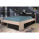 Lit double adulte 160x200 cm avec rangements BOOST chene/noir Taille Unique